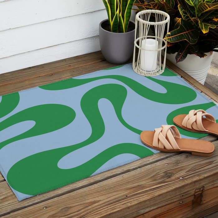 Soft Curves Retro Modern Abstract Pattern in Green and Light Blue Outdoor Rug Gallery Image 2