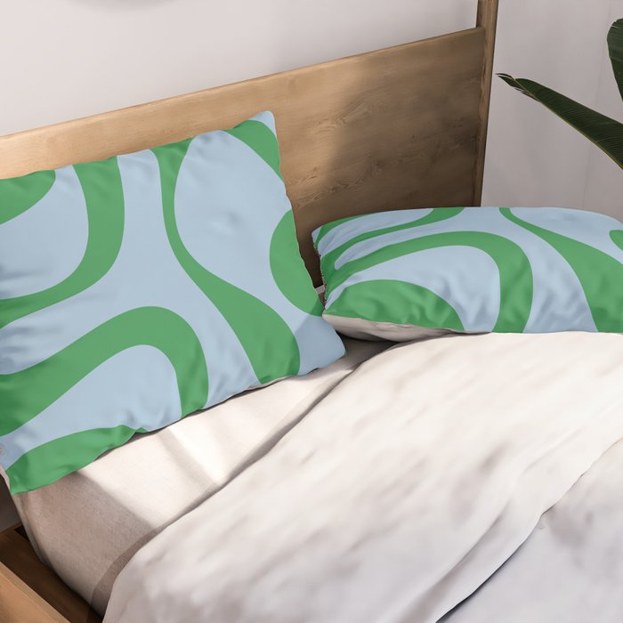 Soft Curves Retro Modern Abstract Pattern in Green and Light Blue Pillow Sham Gallery Image 2