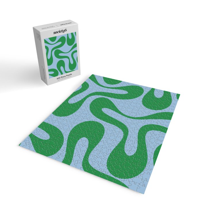 Soft Curves Retro Modern Abstract Pattern in Green and Light Blue Jigsaw Puzzle Gallery Image 2