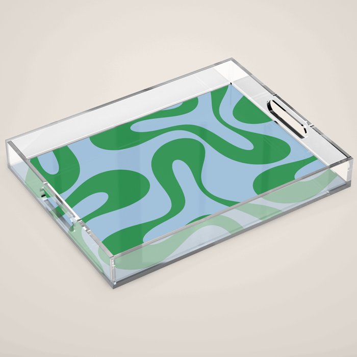 Soft Curves Retro Modern Abstract Pattern in Green and Light Blue Acrylic Tray Gallery Image 1