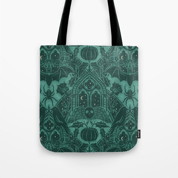 Gothic Halloween Damask - terrifying teal Tote Bag Gallery Image 1