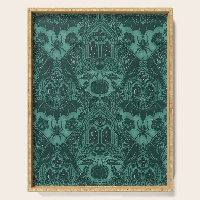 Gothic Halloween Damask - terrifying teal Serving Tray Gallery Image 1