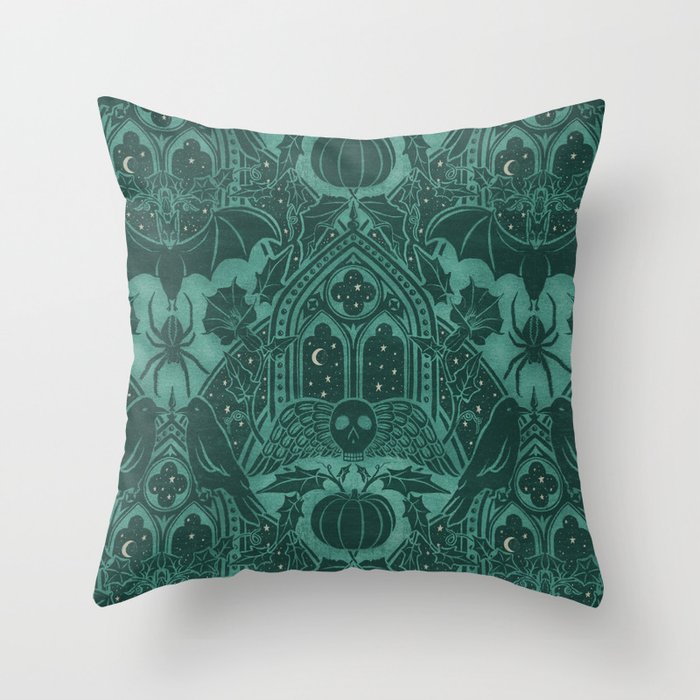 Gothic Halloween Damask - terrifying teal Throw Pillow Gallery Image 6