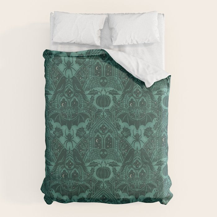 Gothic Halloween Damask - terrifying teal Duvet Cover Gallery Image 1