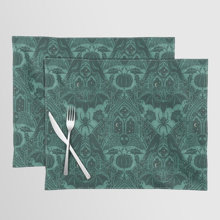 Gothic Halloween Damask - terrifying teal Placemat Gallery Image 1