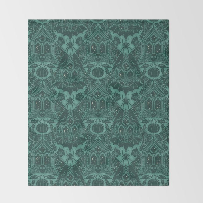 Gothic Halloween Damask - terrifying teal Throw Blanket Gallery Image 2