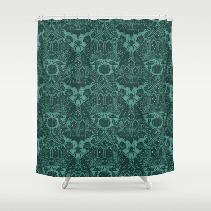 Gothic Halloween Damask - terrifying teal Shower Curtain Gallery Image 1