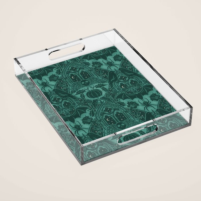 Gothic Halloween Damask - terrifying teal Acrylic Tray Gallery Image 1