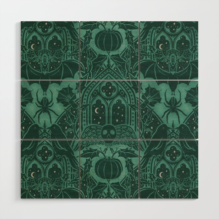 Gothic Halloween Damask - terrifying teal Wood Wall Art Gallery Image 1