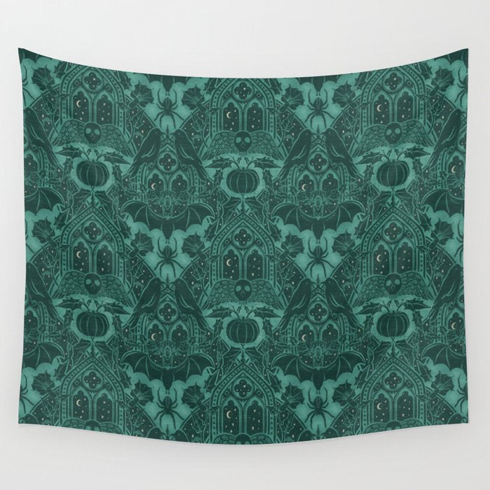 Gothic Halloween Damask - terrifying teal Wall Tapestry Gallery Image 4