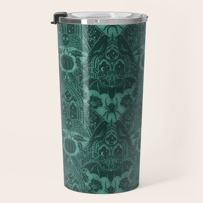 Gothic Halloween Damask - terrifying teal Travel Mug Gallery Image 3