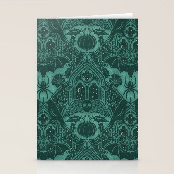 Gothic Halloween Damask - terrifying teal Stationery Card Gallery Image 2