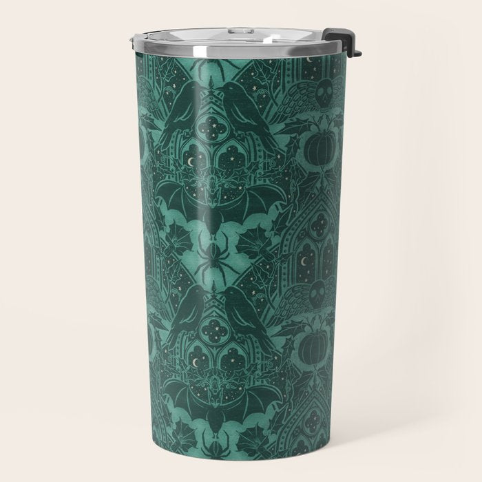 Gothic Halloween Damask - terrifying teal Travel Mug Gallery Image 2