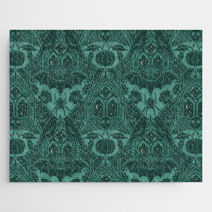Gothic Halloween Damask - terrifying teal Jigsaw Puzzle Gallery Image 1