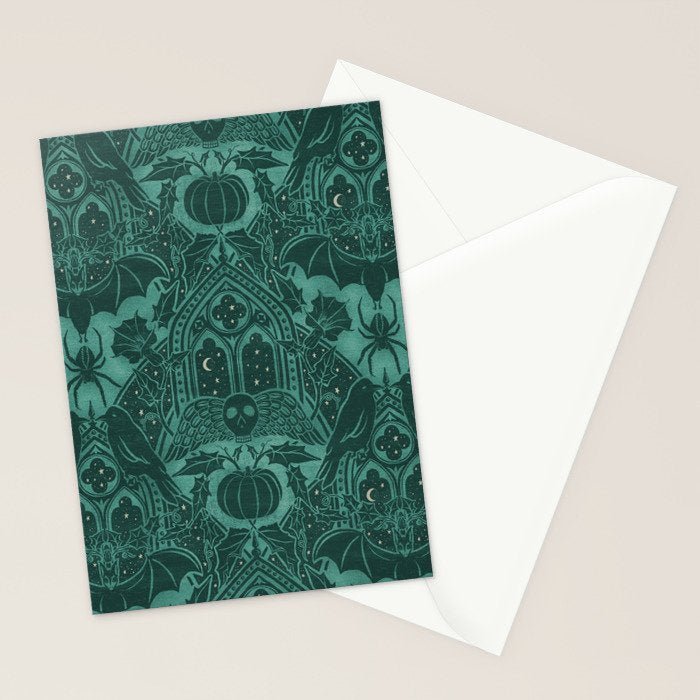 Gothic Halloween Damask - terrifying teal Stationery Card Gallery Image 2