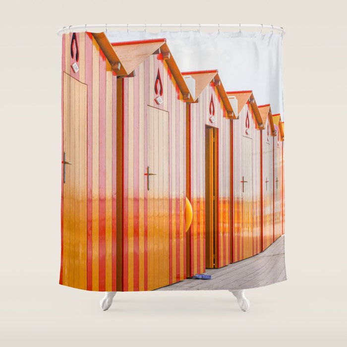 Sorrento Stripes | Red And Orange Beach Changing Rooms Art Print | Amalfi Coast Italy Travel Photography Shower Curtain Gallery Image 1
