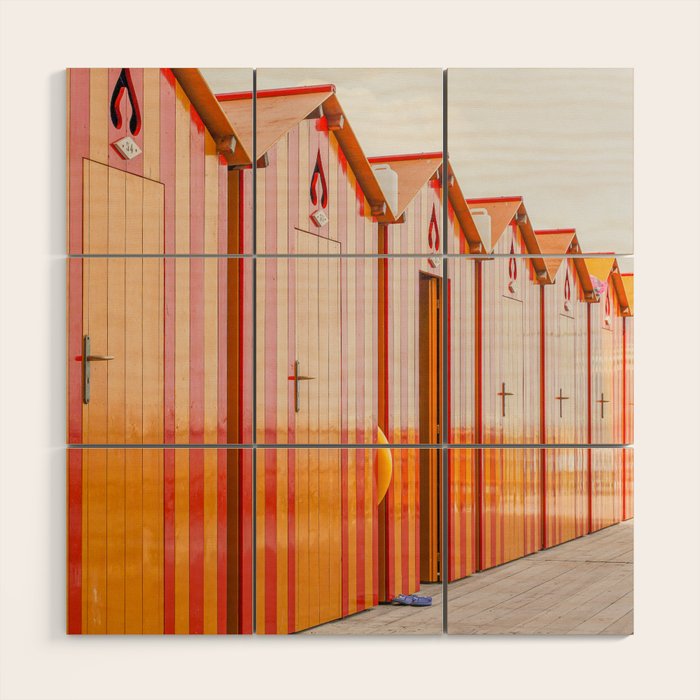 Sorrento Stripes | Red And Orange Beach Changing Rooms Art Print | Amalfi Coast Italy Travel Photography Wood Wall Art Gallery Image 1