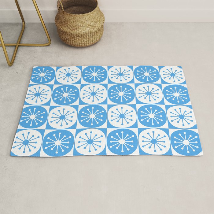 Atomic Dots Checkered Mid Century Modern Retro Blue and White Pattern Rug Gallery Image 1