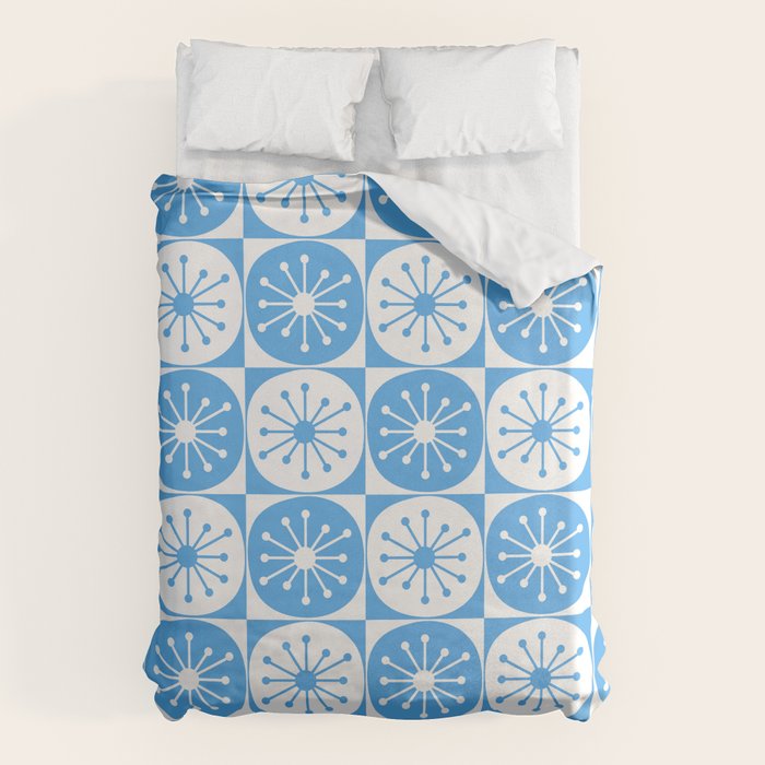 Atomic Dots Checkered Mid Century Modern Retro Blue and White Pattern Duvet Cover Gallery Image 1