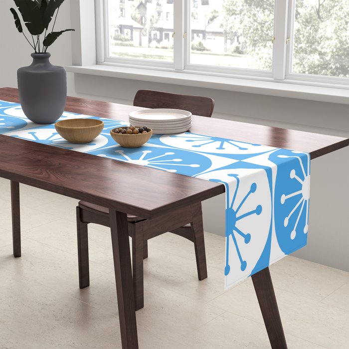 Atomic Dots Checkered Mid Century Modern Retro Blue and White Pattern Table Runner Gallery Image 2