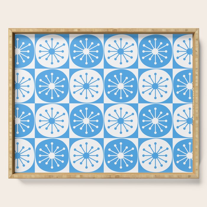 Atomic Dots Checkered Mid Century Modern Retro Blue and White Pattern Serving Tray Gallery Image 1