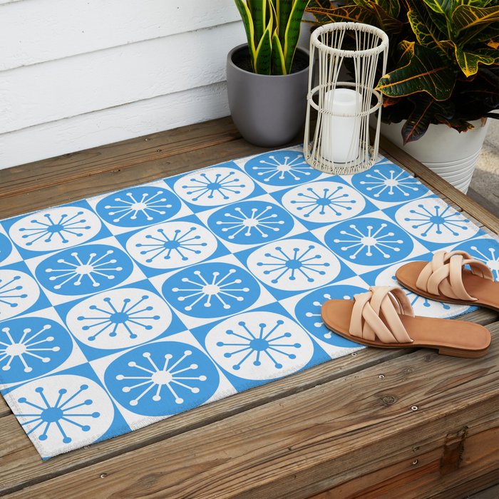 Atomic Dots Checkered Mid Century Modern Retro Blue and White Pattern Outdoor Rug Gallery Image 2