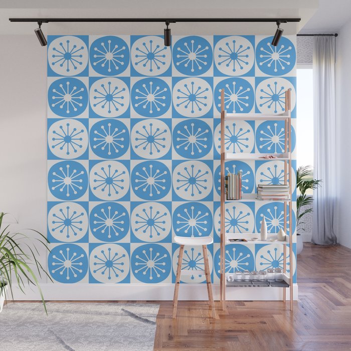 Atomic Dots Checkered Mid Century Modern Retro Blue and White Pattern Wall Mural Gallery Image 1
