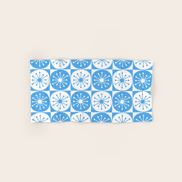 Atomic Dots Checkered Mid Century Modern Retro Blue and White Pattern Bath Towel Gallery Image 1