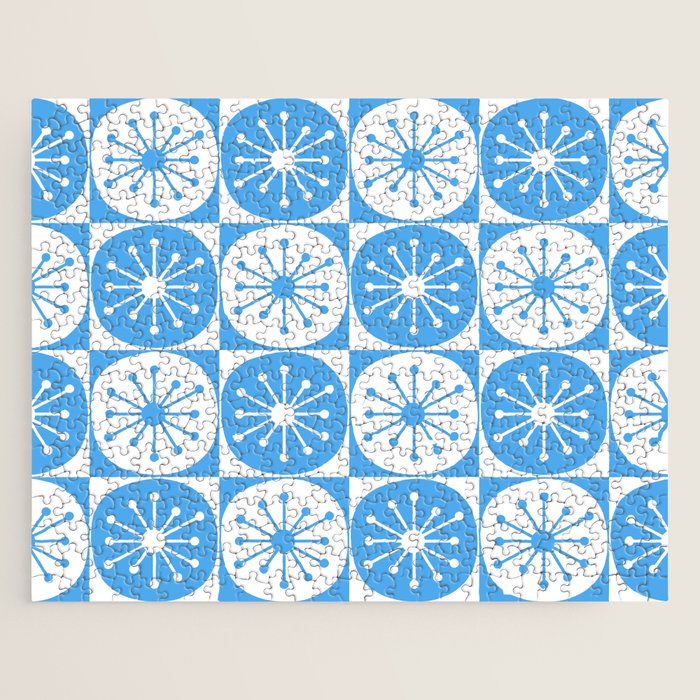 Atomic Dots Checkered Mid Century Modern Retro Blue and White Pattern Jigsaw Puzzle Gallery Image 1