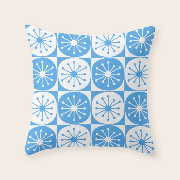 Atomic Dots Checkered Mid Century Modern Retro Blue and White Pattern Throw Pillow Gallery Image 6