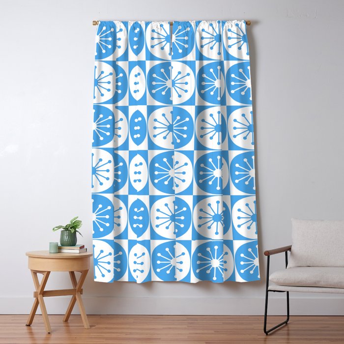 Atomic Dots Checkered Mid Century Modern Retro Blue and White Pattern Window Curtain Gallery Image 5