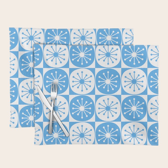 Atomic Dots Checkered Mid Century Modern Retro Blue and White Pattern Placemat Gallery Image 1
