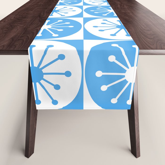 Atomic Dots Checkered Mid Century Modern Retro Blue and White Pattern Table Runner Gallery Image 1