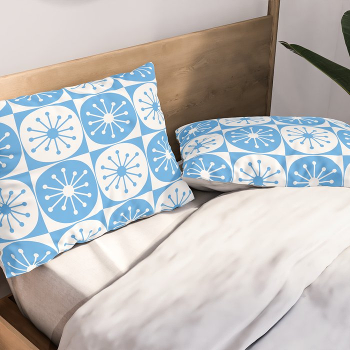 Atomic Dots Checkered Mid Century Modern Retro Blue and White Pattern Pillow Sham Gallery Image 2