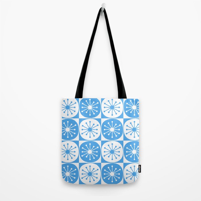 Atomic Dots Checkered Mid Century Modern Retro Blue and White Pattern Tote Bag Gallery Image 2