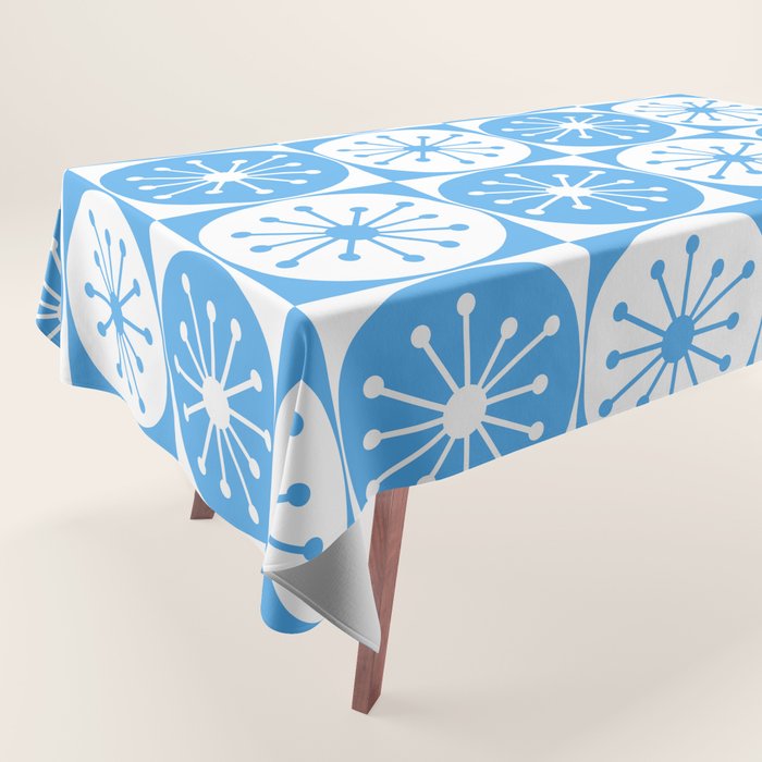 Atomic Dots Checkered Mid Century Modern Retro Blue and White Pattern Tablecloth Gallery Image 1