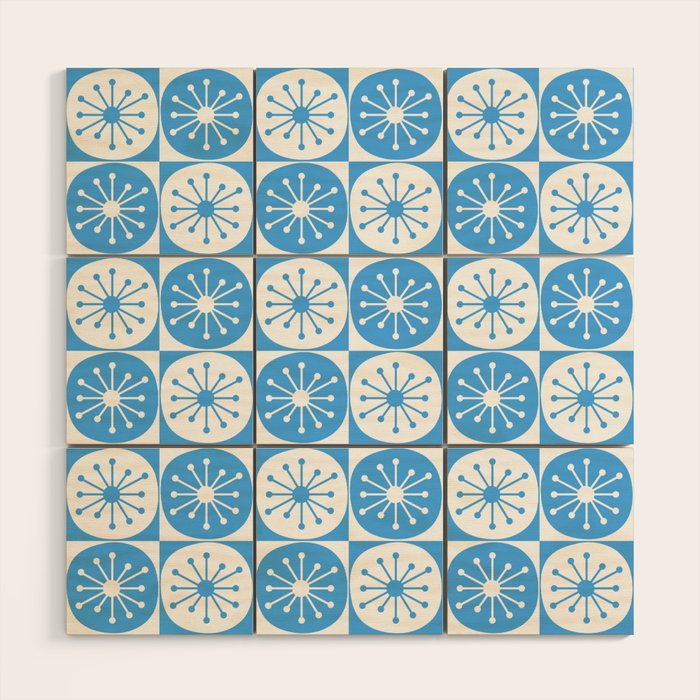 Atomic Dots Checkered Mid Century Modern Retro Blue and White Pattern Wood Wall Art Gallery Image 1