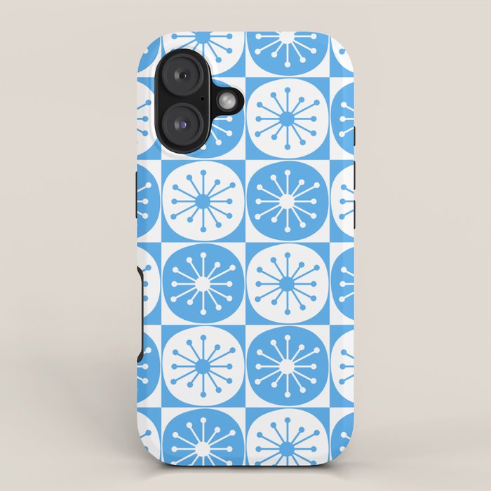 Atomic Dots Checkered Mid Century Modern Retro Blue and White Pattern iPhone Case Gallery Image 1
