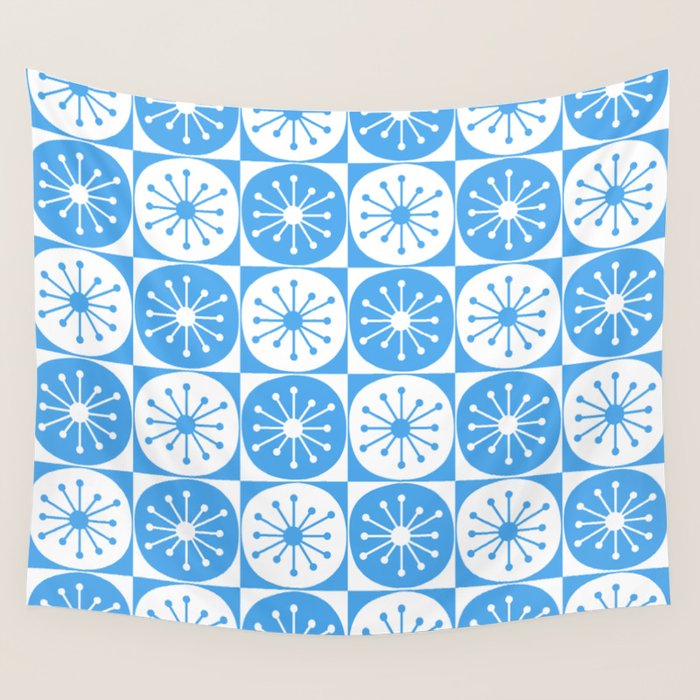 Atomic Dots Checkered Mid Century Modern Retro Blue and White Pattern Wall Tapestry Gallery Image 4