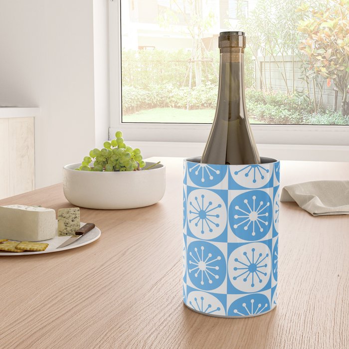 Atomic Dots Checkered Mid Century Modern Retro Blue and White Pattern Wine Chiller Gallery Image 4