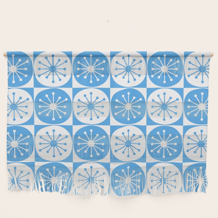 Atomic Dots Checkered Mid Century Modern Retro Blue and White Pattern Wall Hanging Gallery Image 1