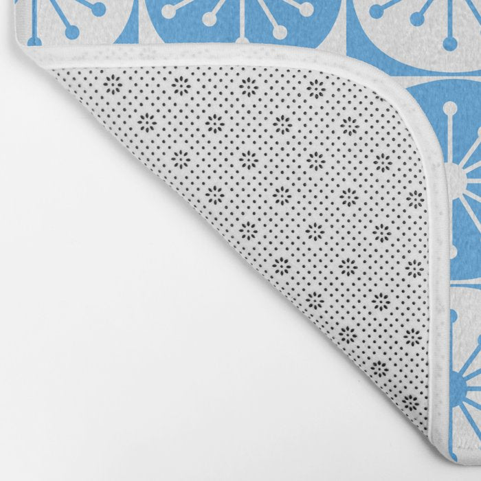 Atomic Dots Checkered Mid Century Modern Retro Blue and White Pattern Bath Mat Gallery Image 2