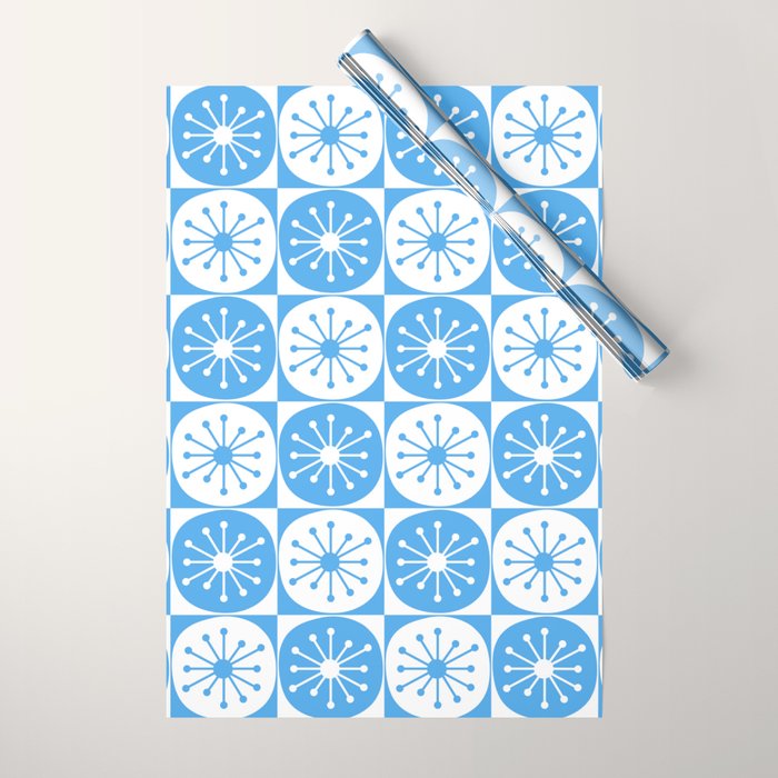 Atomic Dots Checkered Mid Century Modern Retro Blue and White Pattern Wrapping Paper Gallery Image 1