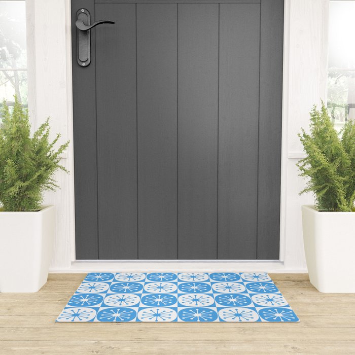 Atomic Dots Checkered Mid Century Modern Retro Blue and White Pattern Welcome Mat Gallery Image 3