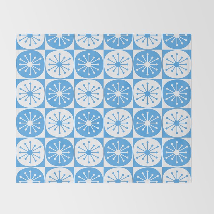 Atomic Dots Checkered Mid Century Modern Retro Blue and White Pattern Throw Blanket Gallery Image 2