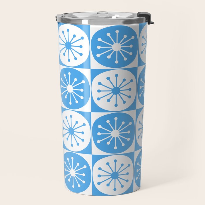 Atomic Dots Checkered Mid Century Modern Retro Blue and White Pattern Travel Mug Gallery Image 2