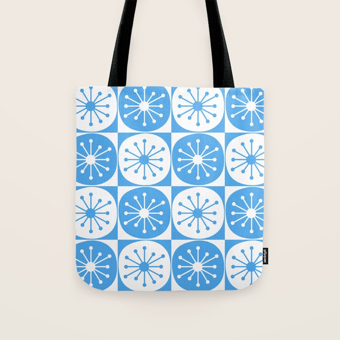 Atomic Dots Checkered Mid Century Modern Retro Blue and White Pattern Tote Bag Gallery Image 1