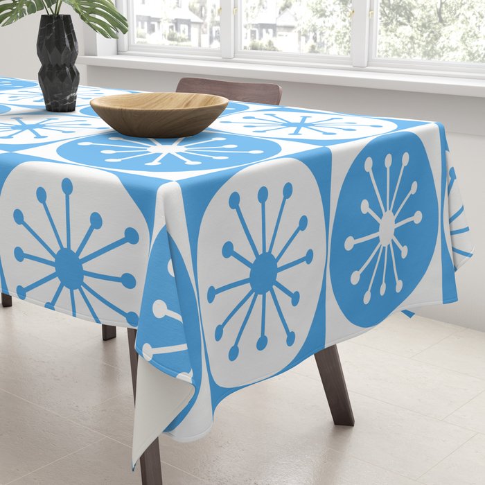 Atomic Dots Checkered Mid Century Modern Retro Blue and White Pattern Tablecloth Gallery Image 3