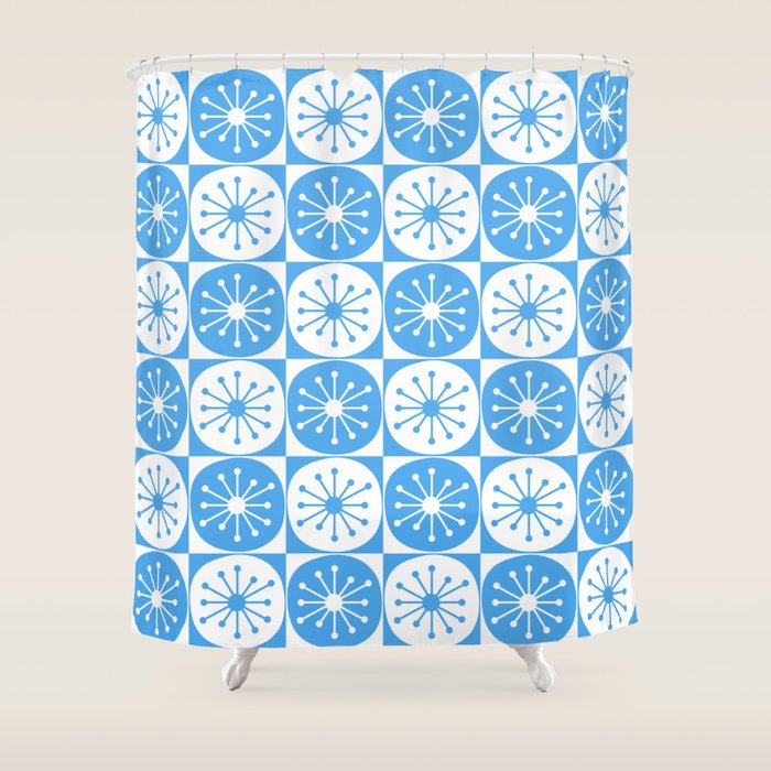 Atomic Dots Checkered Mid Century Modern Retro Blue and White Pattern Shower Curtain Gallery Image 1