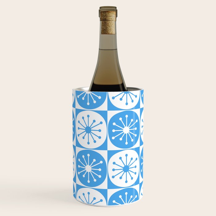 Atomic Dots Checkered Mid Century Modern Retro Blue and White Pattern Wine Chiller Gallery Image 1
